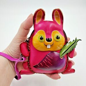 Pink Bunny Rabbit Coin Purse Cute Handmade Leather Small Wallet Kawaii Zip Pouch
